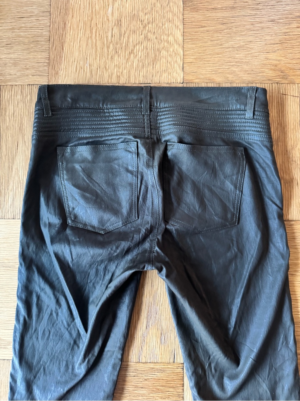Vince Leather Moto Pants Olive Green Skinny Size 4 Bergdorf Goodman - Picture 3 of 11